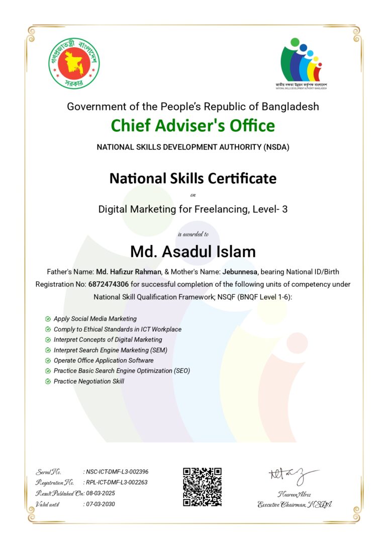Digital Marketing NSDA Level 3 Certification of Asadul Islam